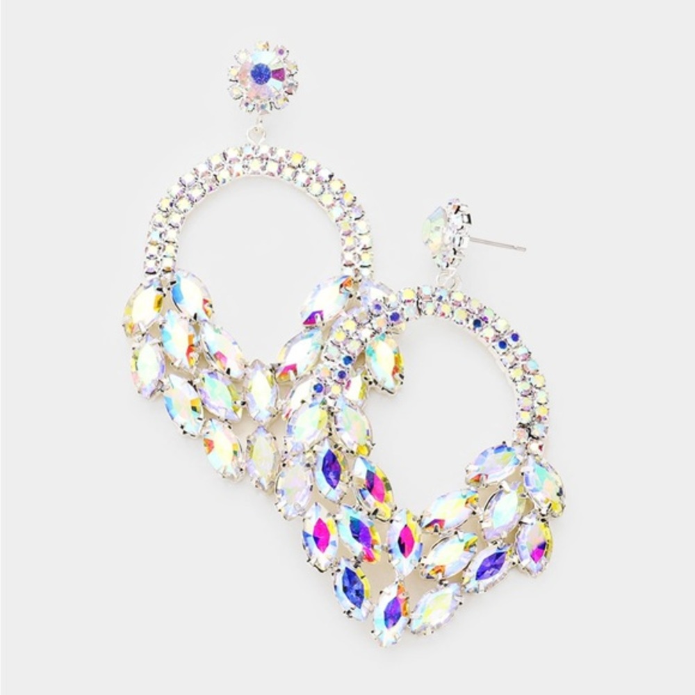 Silver shiny AB color stone Open circle stone cluster fashion earrings